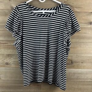 Jane + Delancey Womens Shirt Short Flutter Sleeve Striped Cotton Black White 2X